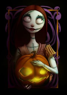 a cartoon character holding a pumpkin in front of a halloween frame with the words happy halloween written on it