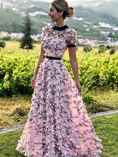 A Line Round Neck Short Sleeves Prom Dresses with 3D Flowers, 3D Flowe – Shiny Party Vestido Rose Gold, Sukienki Maksi, Short Sleeve Prom Dresses, Flower Prom Dress, Prom Dresses Long Pink, Pink Formal Dresses, فستان سهرة, Linnet, Prom Dresses With Sleeves