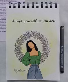 a notepad with a drawing of a woman's face and the words accept yourself as you are