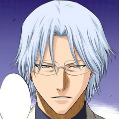 an anime character with white hair and glasses looking at something in his hand while he is staring