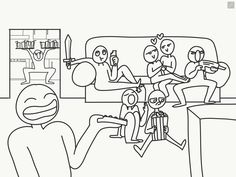 a black and white drawing of people watching tv