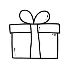 a black and white drawing of a gift box with a bow on it's side