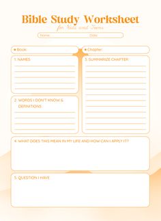 the bible study worksheet is shown in orange and yellow colors, with text below it