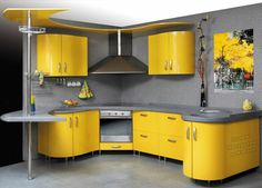 yellow and grey kitchen with stainless steel appliances