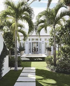 a white house surrounded by palm trees and grass