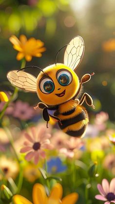 a cute little bee flying over some flowers