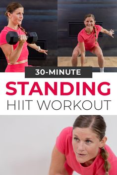 This 30-Minute HIIT Workout with Weights builds strength, burns calories and boosts metabolism, all from a standing position! Build lean muscle in the legs, glutes, arms, back, chest and core - all using just a set of dumbbells! Hiit Class Ideas, Hiit Arm Workout, 30min Workout, 30 Minute Hiit Workouts, 30 Minute Hiit, Shred Workout, Workout With Weights, 30 Minute Cardio