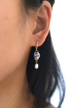 Dainty Blue Porcelain Genuine Freshwater Pearl Gold Huggie Earrings, Blue White Floral Porcelain Earrings, Small Hoop Earrings, Gold Earring - Etsy Traditional Blue Hoop Earrings For Gift, Blue Pearl Charm Earrings As Gift, Small Hoop Earrings Gold, Earrings Small Hoop, Gold Huggie Earrings, Porcelain Earrings, Blue Porcelain, Small Hoop Earrings, Hoop Earrings Gold