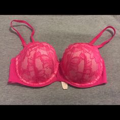 Brand New Hot Pink Lace Push-Up Bra. In Perfect Condition And The Lace And Bow Detail Is Beautiful. Hot Pink Bra, Bras And Panties, Pink Lace, Bow Detail, Push Up Bra, Victoria's Secret Pink, Secret Pink, Women's Intimates, Victoria’s Secret