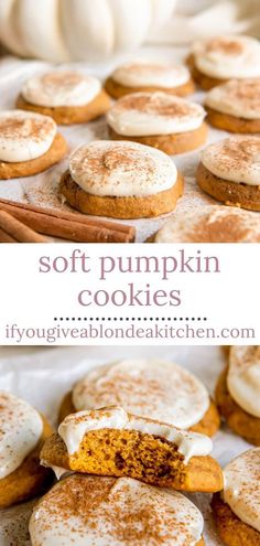 soft pumpkin cookies with white frosting and cinnamon sprinkles are on display