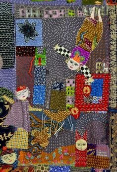 an art piece with many different colors and designs on it's fabric, including dolls