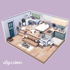 Sims 4 Bedroom Builds, Sims Home Design, Sims 4 Houses 1 Bedroom, Sims 4 One Room House, Sims Household Ideas, Sims Room Design, Sims 4 House Download With Cc, Sims 4 Decorating Ideas, Apartment Ideas Sims 4