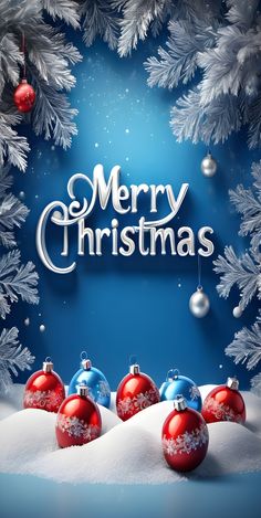 merry christmas card with red and blue ornaments