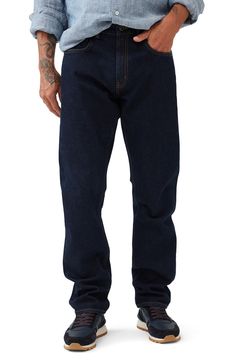 Dark-washed Italian denim with a peck of stretch means all-day comfort and style in these versatile straight-leg jeans. 32" inseam Zip fly with button closure Five-pocket style 98% cotton, 2% elastane Machine wash, line dry Imported Dark Wash Relaxed Fit Jeans With Standard Cut Leg, Dark Wash Relaxed Fit Jeans, Dark Wash Straight Fit Jeans, Everyday Dark Wash Straight Fit Jeans, Classic Dark Wash Straight Fit Jeans, Classic Straight Fit Dark Wash Jeans, Classic Jeans With Button Closure And Straight Hem, Dark Wash Relaxed Fit Jeans With Straight Hem, Classic Straight Hem Jeans With Button Closure