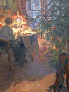 a painting of people sitting at a table in front of a christmas tree