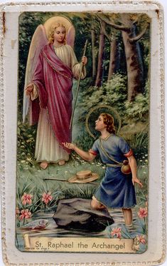 an angel kneeling next to a little boy in the woods with a sticker on it's back