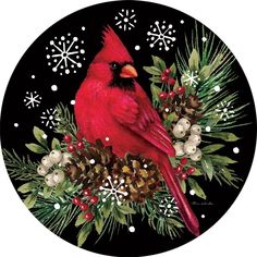 a cardinal sitting on top of a pine cone surrounded by snowflakes and berries