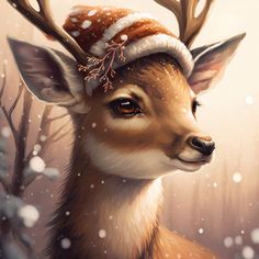 a painting of a deer wearing a santa hat