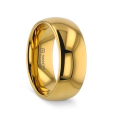 an 18k yellow gold wedding ring with a polished finish and beveled edges