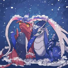 two pokemons are sitting in the snow with their eyes open and one is holding onto another