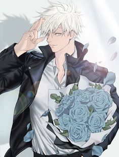 a man with white hair holding a bouquet of blue roses in his right hand and wearing a black leather jacket