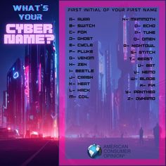 A blue and purple cyberpunk city glows in the background. Text reads "What's your cyber name? First initial of your first name. A is Aura. B is switch. c is fox. d is ghost. e is cycle. f is fluke. g is venom. h is zen. i is beetle. j is crash. k is heat. l is hack. m is coil. n is mammoth. o is echo. p is tune. q is omen. r is night owl. s is stitch. t is beast. u is bat. v is nemo. w is blade. x is fix. y is panther. z is dynamo. Below is the american consumer opinion logo Cyberpunk Writing Prompts, Cyberpunk Name Ideas, Gothic Names, Oc Names, Cyberpunk 2020, Writing Inspiration Tips