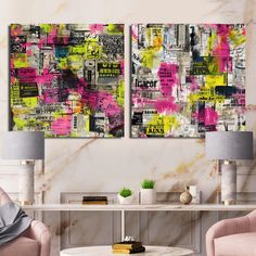 two paintings on the wall in a living room with pink chairs and a coffee table