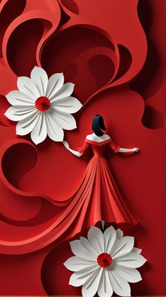 a woman in a red dress is standing next to two white flowers on a red background