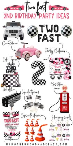 a birthday party poster with cars and checkered hats