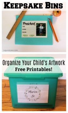 an organized child's artwork box with free printables to keep them organized