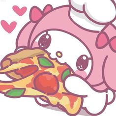 a hello kitty eating a slice of pizza with hearts in the backgrouds