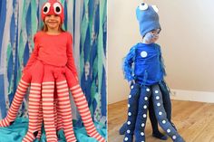 two children dressed up as octopuses and one is wearing a blue striped dress with white polka dots