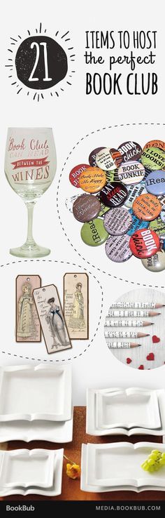 an advertisement for the book club with pictures of wine glasses and other items on it