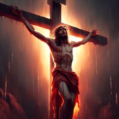 the crucifix is covered in blood as it rains