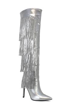 A stiletto heel and pointy toe elongate this knee-high boot that's covered in sequined fringe and always party ready. 3 3/4" heel Cushioned insole with arch support Synthetic upper/textile lining/synthetic sole Imported Kids Uggs, Fall Accessories, How To Make Shoes, Cold Weather Accessories, Girls Accessories, Stiletto Heel, Boot Shoes Women, Arch Support, Watch Design