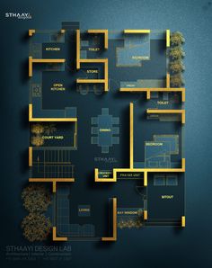 a blue and yellow floor plan for a house with two levels on the top level