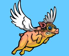 a pig flying with wings and goggles on it's head, in the sky