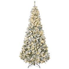 a christmas tree with white lights and snow on the top, in front of a white background