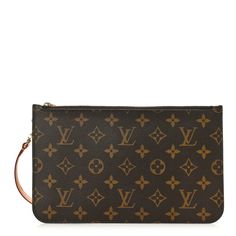 This is the authentic LOUIS VUITTON Monogram Neverfull MM GM Pochette. This chic pochette is crafted of signature Louis Vuitton monogram coated canvas in brown. The pouch features a removable vachetta leather wristlet strap and a polished brass top zipper that opens to a brown striped fabric interior with a flat pocket. Louis Vuitton Monogram Neverfull, Louis Vuitton Pouch, Louis Vuitton Neverfull Monogram, Monogram Neverfull, Neverfull Mm Monogram, Neverfull Mm, Striped Fabric, Leather Wristlet, Striped Fabrics