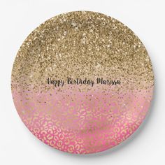 a pink and gold birthday plate with the words happy birthday mousse on it