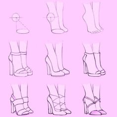 the steps to draw high heeled shoes in different positions and sizes, with one foot on