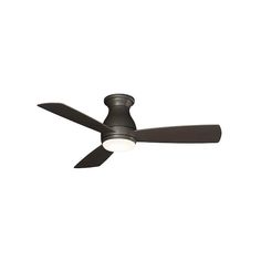 a ceiling fan that is black with a light on it's side and two blades