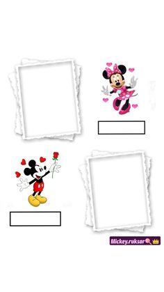 three frames with mickey mouse on them and hearts in the middle, one is holding a flower