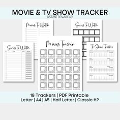 the movie and tv show tracker printable worksheet is shown in black and white