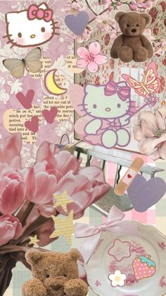 a collage with pink flowers, teddy bears and hearts