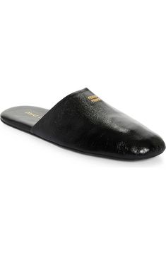 Miu Miu Logo Slipper Mule (Women) | Nordstrom Modern Leather Mules With Leather Lining, Luxury Slip-on Mules For Evening, Modern Calf Leather Mules With Leather Sole, Formal Leather Mules With Textured Sole, Casual Gold Leather Mules, Luxury Leather Sole Slip-on Mules, Modern Leather Mules With Textured Sole, Sleek Leather Mules With Leather Footbed, Luxury Formal Slippers With Flat Heel