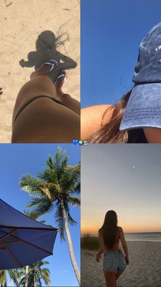 four different pictures of people on the beach, one with a sun hat and one with sunglasses