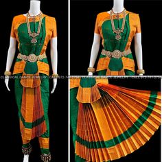 Design by Classical Dance Jewelry® ❥ Traditional Bharatanatyam costume wore during regular dance programs or arrangetram performance. ❥ Material : Art Silk ❥ Type : Traditional pant costume ❥ Easy to wear ❥ Layer front fan  Dress Measurements in inches ( all the measurements approximately 1 margin buffer) ❥ PANT MEASUREMENTS:  ☛ Pant Length: 36-38 inch  ☛ Pant Waist: 35-36 inch  ☛ Pant Hip: 37-38 ❥ BLOUSE MEASUREMENTS:  ☛ Blouse length: 14 inch  ☛ Blouse Shoulder length: 15 -16 inch  ☛ Blouse around Bust: 34-36 (extra margin) inch  ☛ Blouse Lower Chest: 32-34 inch  ☛ Blouse Sleeves length: 6-8 inch  ☛ Blouse sleeve round: 9 - 12 inch  Set includes     ☛ Pant, Blouse, Dhavani, fans, seat bit etc  Set includes     ☛ Pant, Blouse, Dhavani, fans, seat bit etc ❇️ ❇️ ❇️ For Display purposes only Ceremonial Green Sets With Traditional Patterns, Green Fitted Saree For Ceremonial Occasions, Fitted Green Saree For Ceremonial Occasions, Traditional Green Ceremonial Sets, Green Ceremonial Sets For Festivals, Green Temple Jewelry Sets For Festive Occasions, Festive Green Temple Jewelry Sets, Ceremonial Bollywood Green Saree, Green Ceremonial Saree For Transitional Season