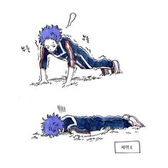 a drawing of a person laying on the ground next to another person with blue hair