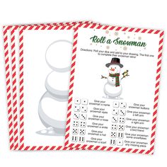 two printable christmas cards with the words roll a snowman on them and an image of a snowman